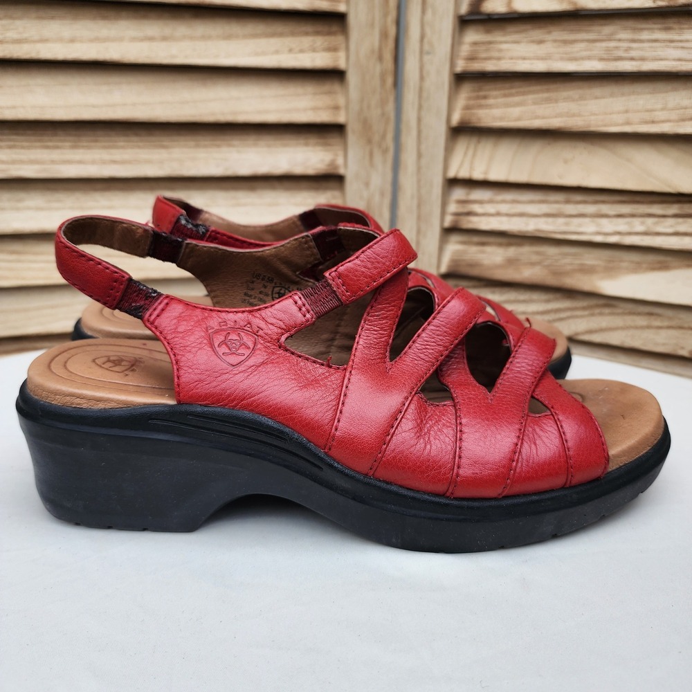 Ariat Sz 9.5B Red Leather Strappy Slingback Wedge Sandals 93561 Western Cowgirl